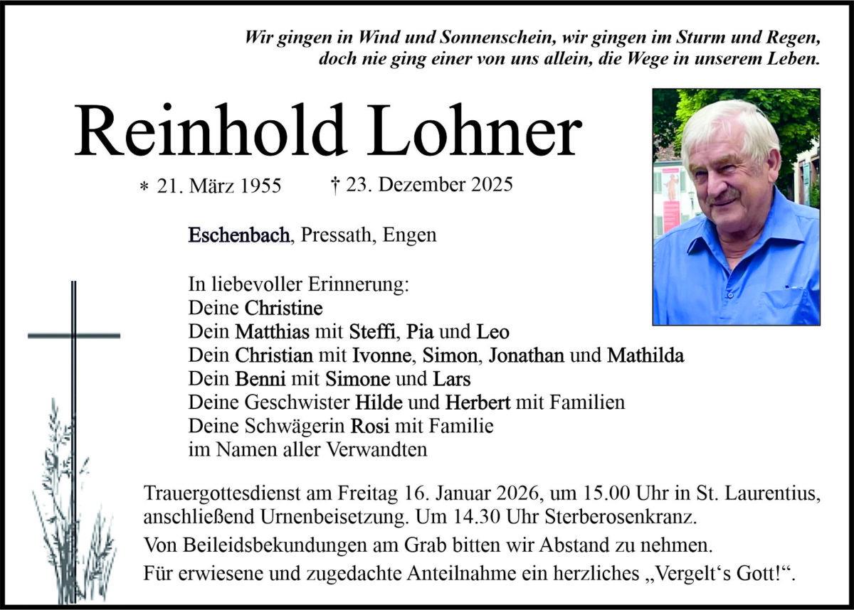 Traueranzeige Reinhold Lohner, Eschenbach