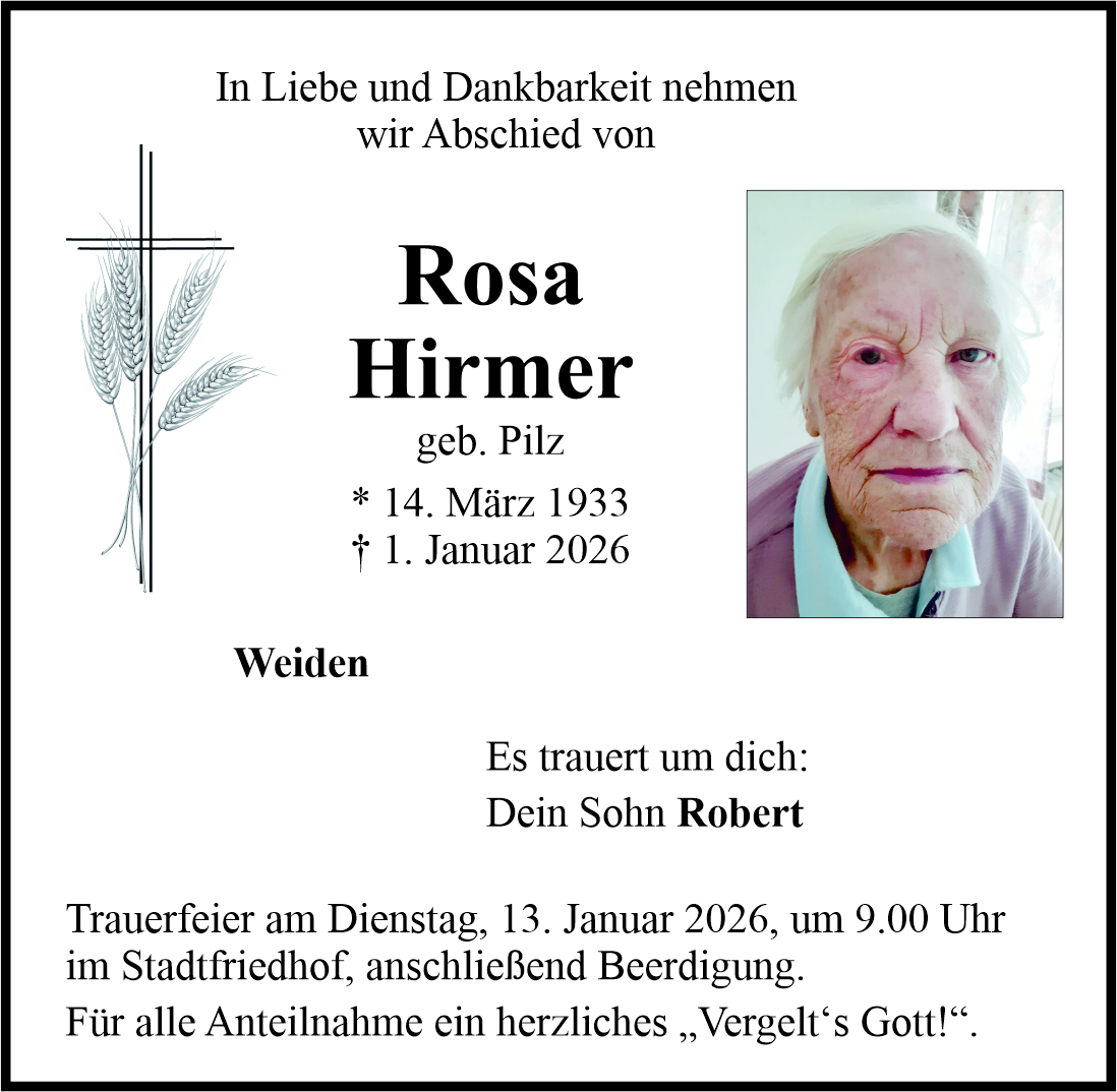Traueranzeige Rosa Hirmer, Weiden