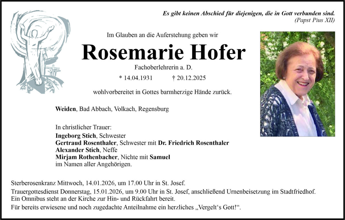 Traueranzeige Rosemarie Hofer, Weiden