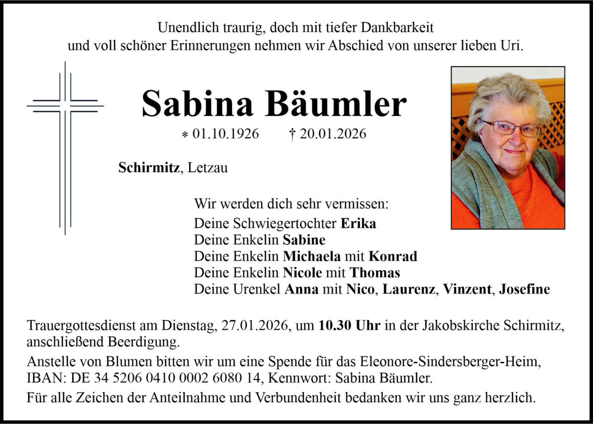 Traueranzeige Sabina Bäumler, Schirmitz