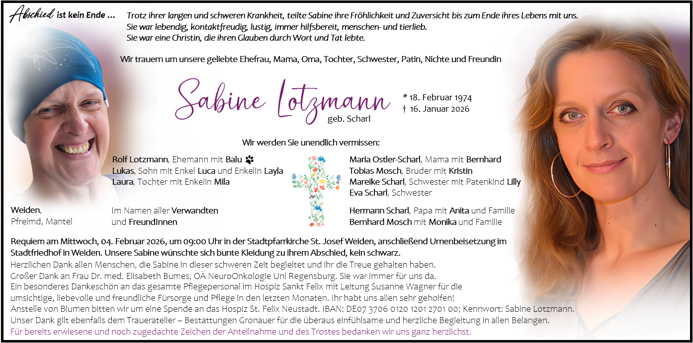 Traueranzeige Sabine Lotzmann, Weiden