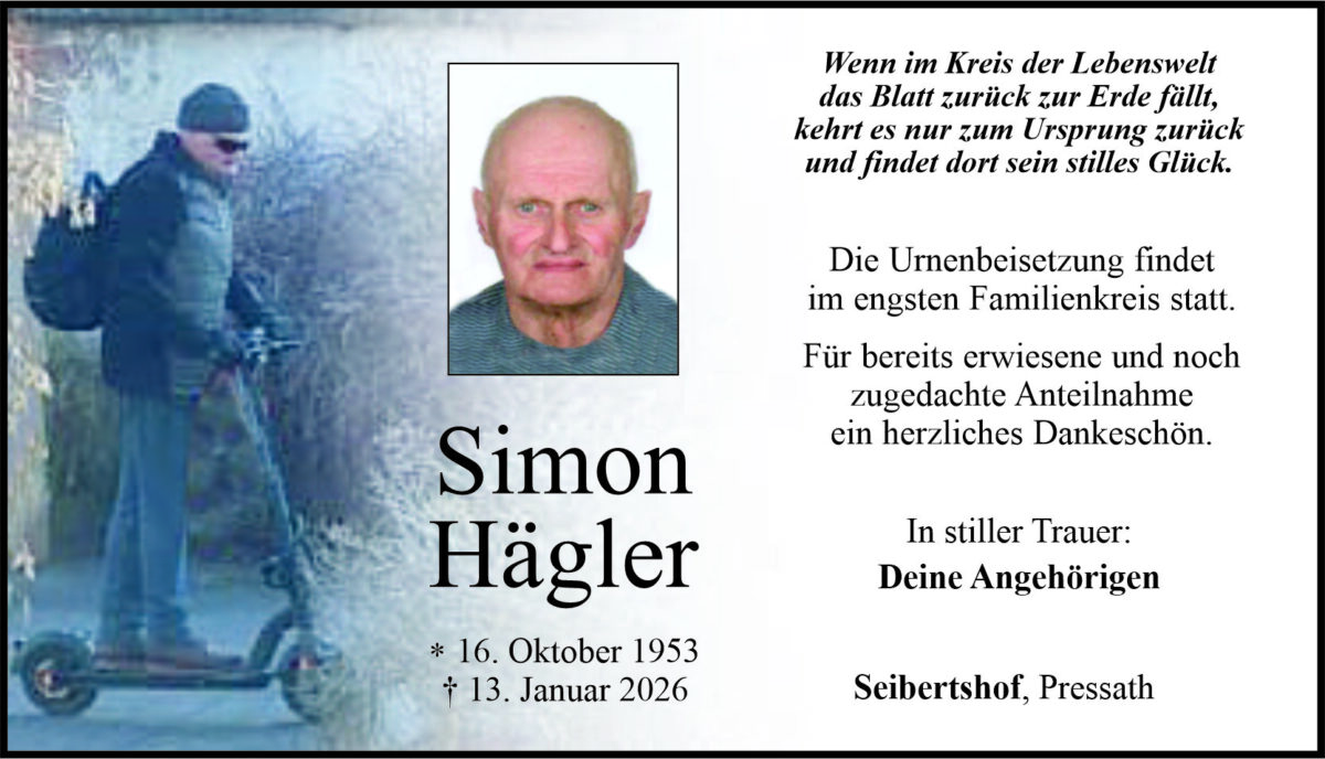 Traueranzeige Simon Hägler, Luhe