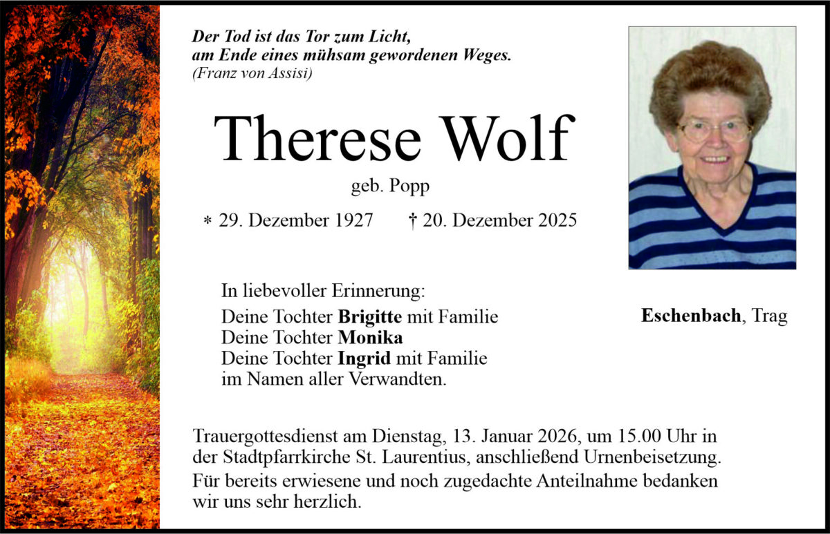 Traueranzeige Therese Wolf, Eschenbach