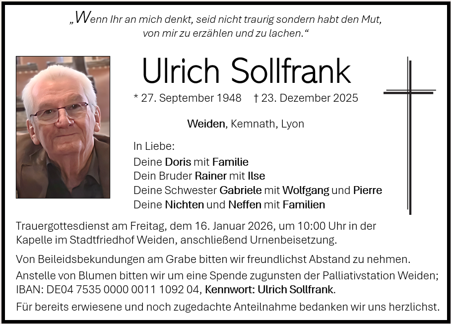 Traueranzeige Ulrich Sollfrank, Weiden