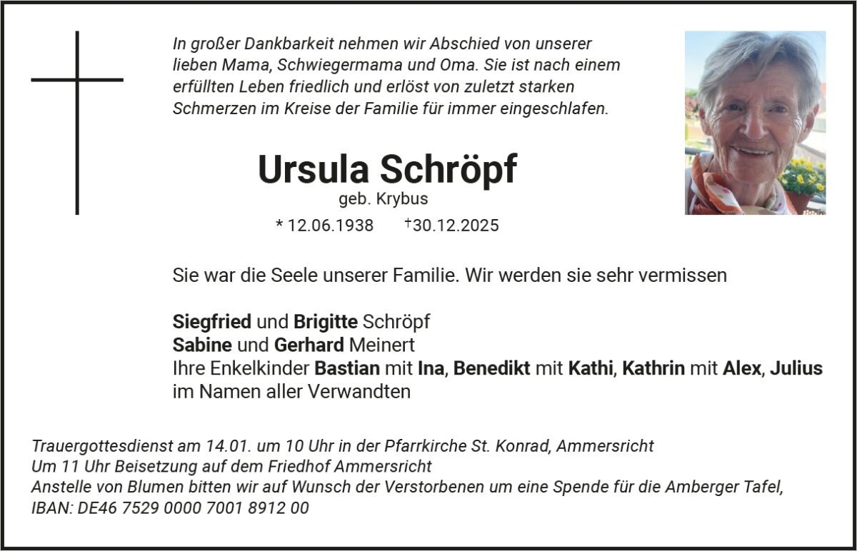 Traueranzeige Ursula Schröpf, Ammersricht