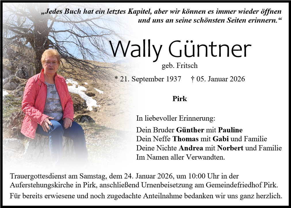 Traueranzeige Wally Güntner, Pirk