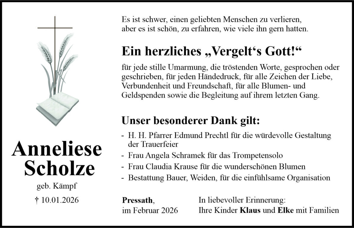 Danksagung Anneliese Scholze, Pressath