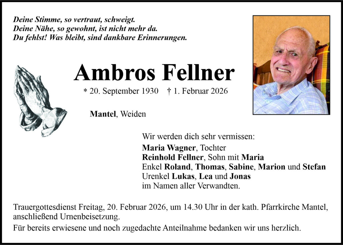 Traueranzeige Ambros Fellner, Mantel