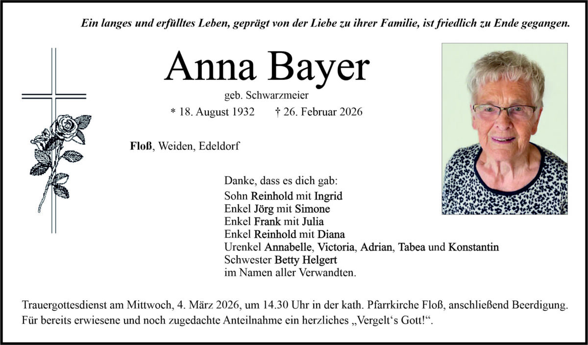 Traueranzeige Anna Bayer, Floß