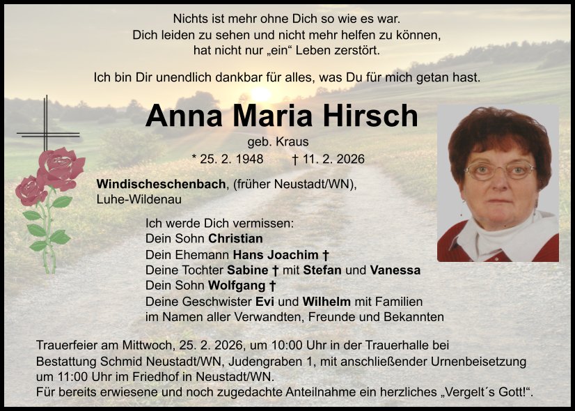 Traueranzeige Anna Maria Hirsch, Windischeschenbach