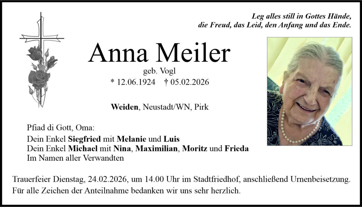 Traueranzeige Anna Meiler, Weiden