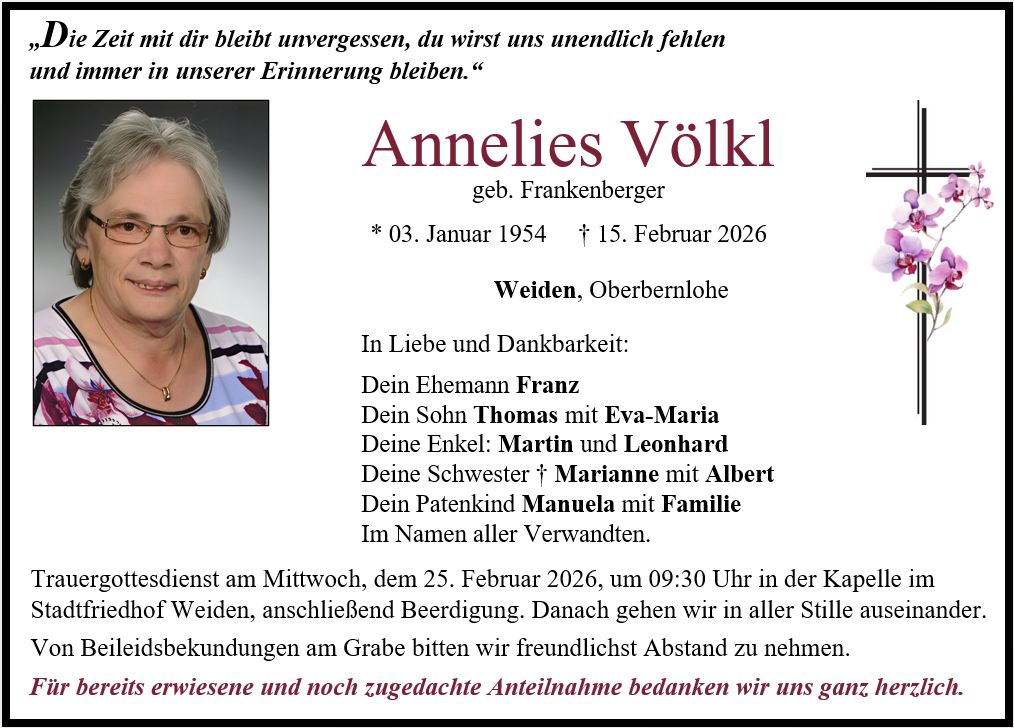 Traueranzeige Annelies Völkl, Weiden