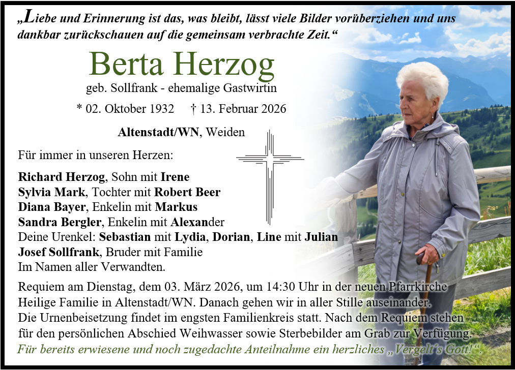 Traueranzeige Berta Herzog, Altenstadt/WN