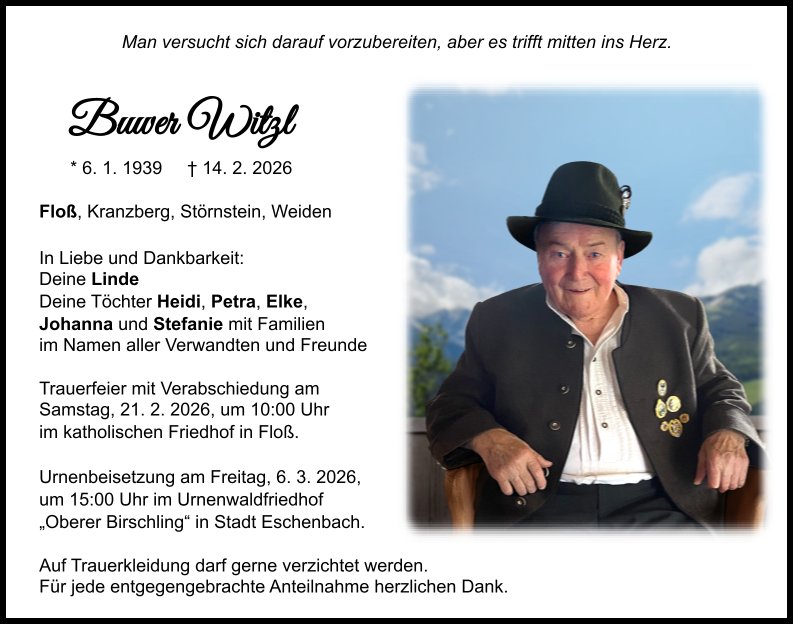 Traueranzeige Buwer Witzl, Floß