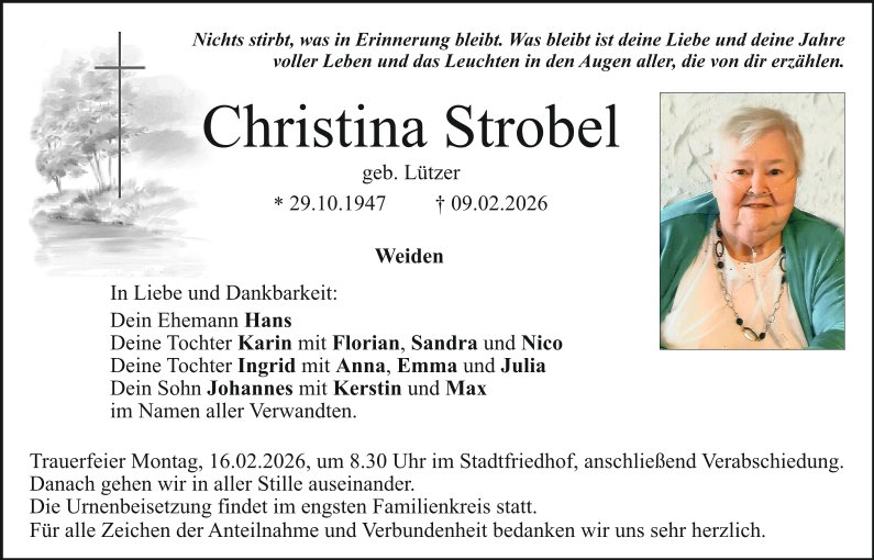 Traueranzeige Christina Strobel, Weiden