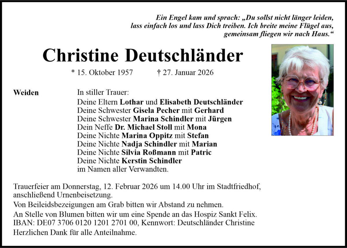 Traueranzeige Christine Deutschländer, Weiden
