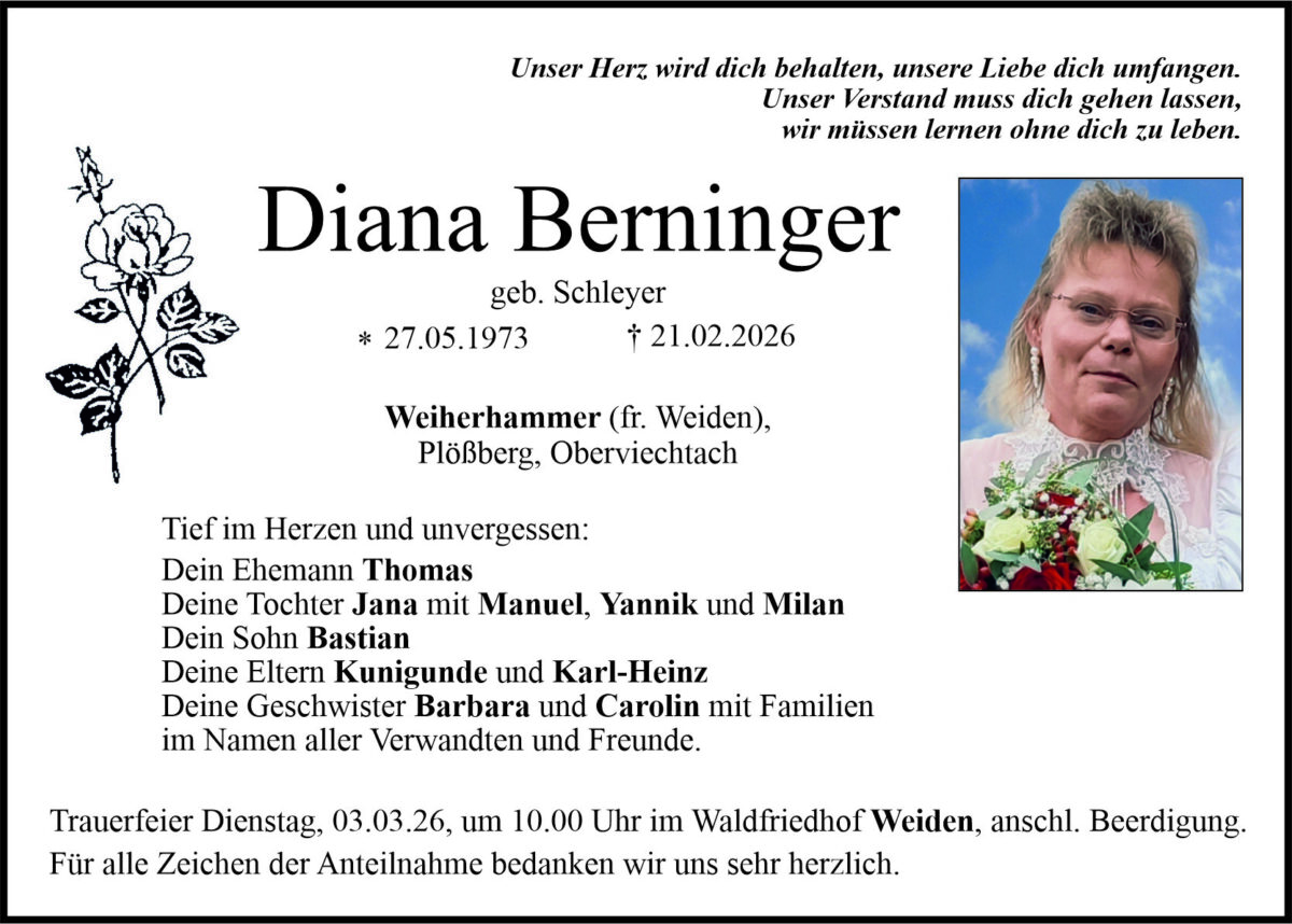 Traueranzeige Diana Berninger, Weiherhammer