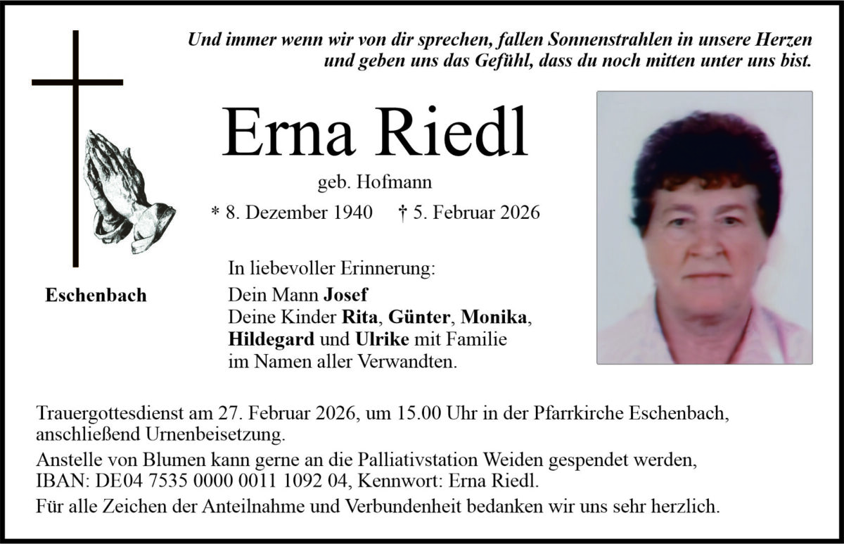 Traueranzeige Erna Riedl, Eschenbach