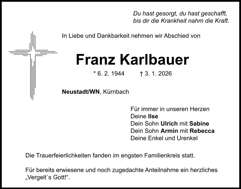 Traueranzeige Franz Karlbauer, Neustadt/WN.