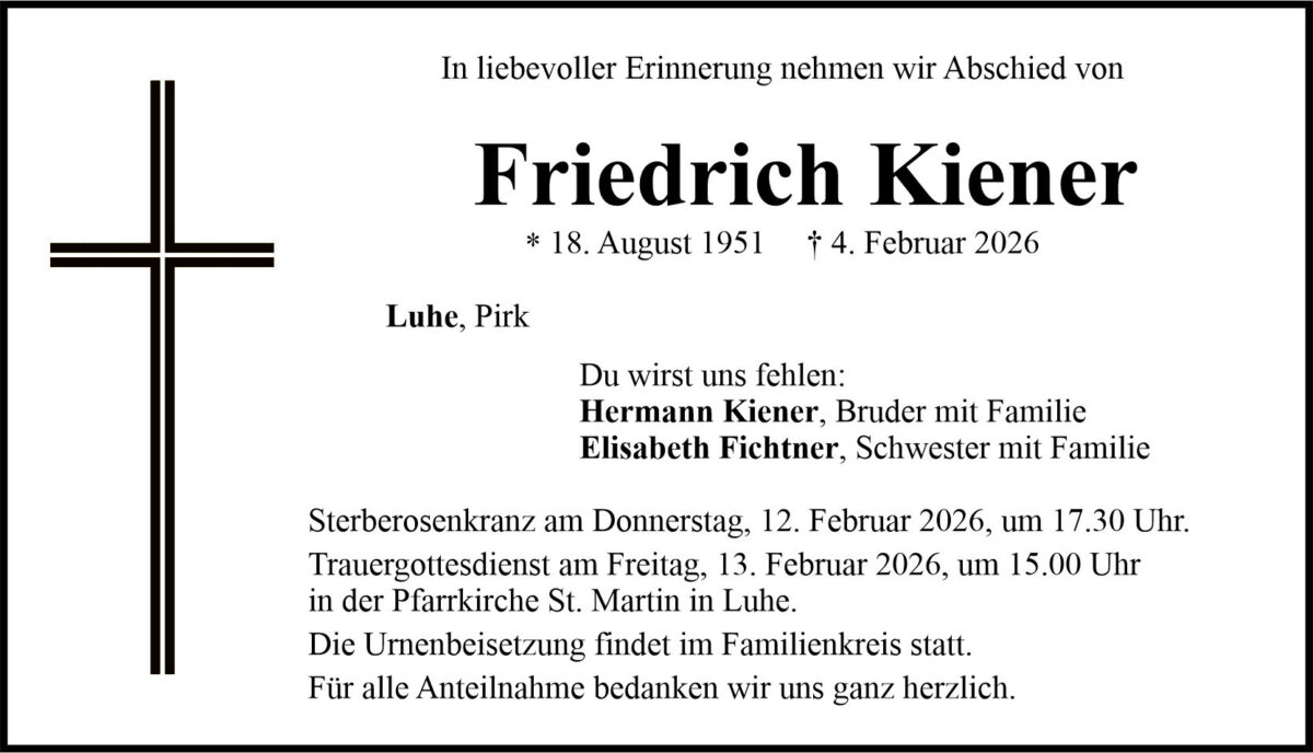 Traueranzeige Friedrich Kiener, Luhe
