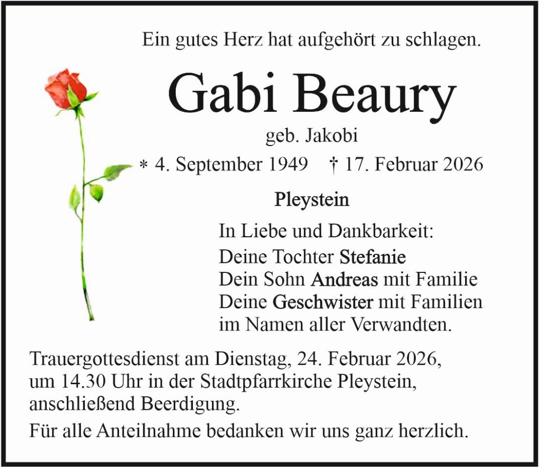 Traueranzeige Gabi Beaury, Pleystein
