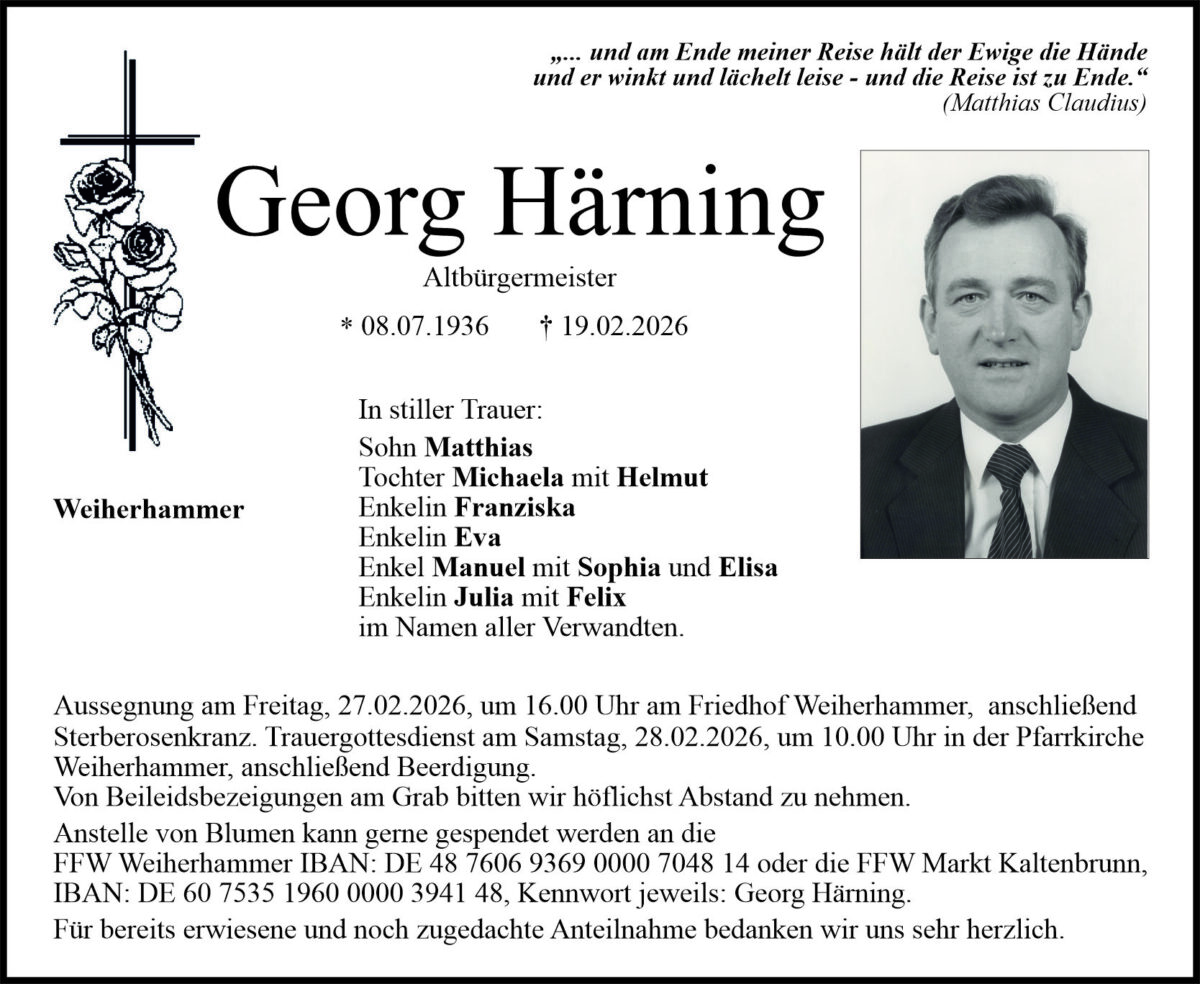 Traueranzeige Georg Härning, Weiherhammer