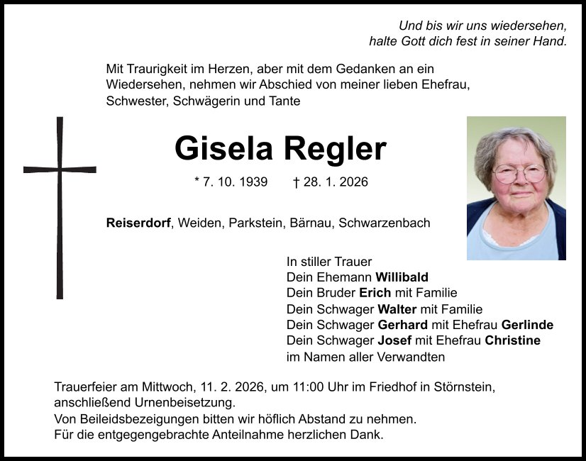 Traueranzeige Gisela Regler, Reiserdorf