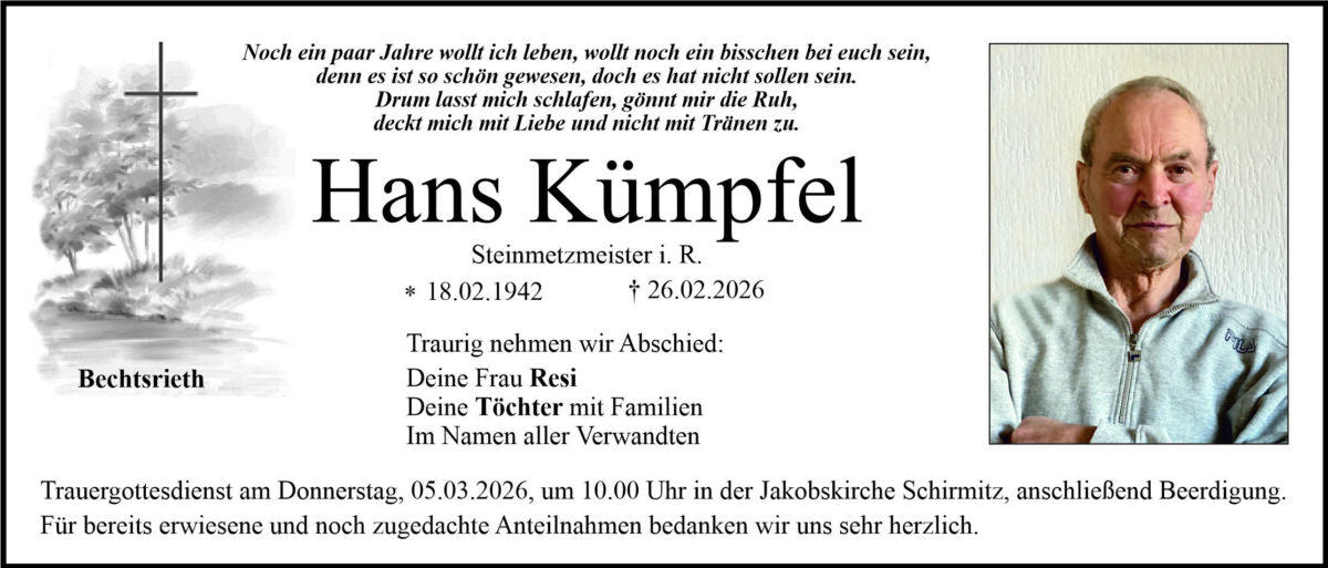 Traueranzeige Hans Kümpfel, Bechtsrieth