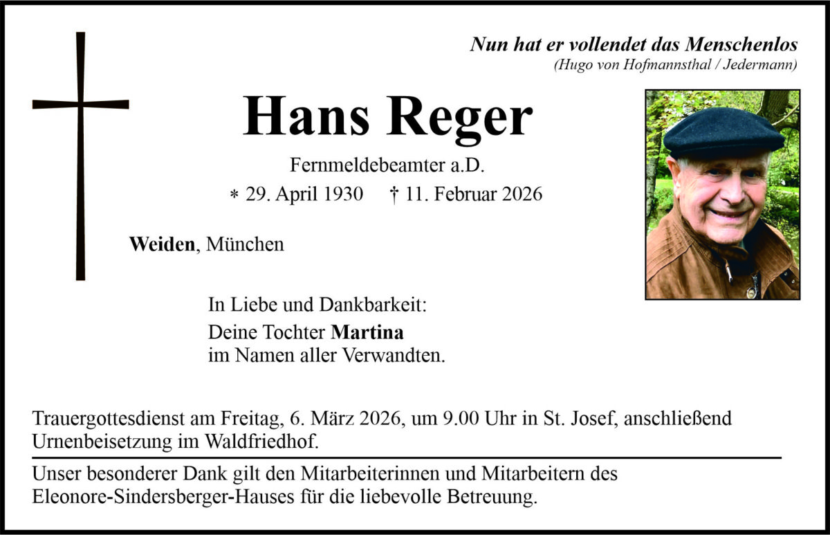 Traueranzeige Hans Reger, Weiden