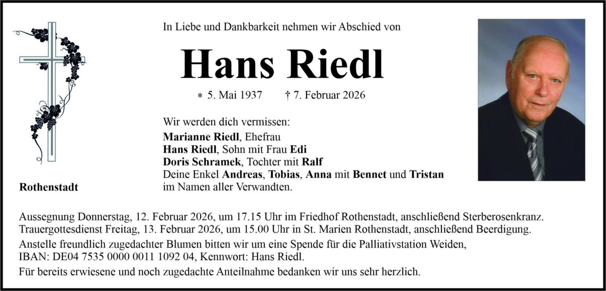 Traueranzeige Hans Riedl, Rothenstadt
