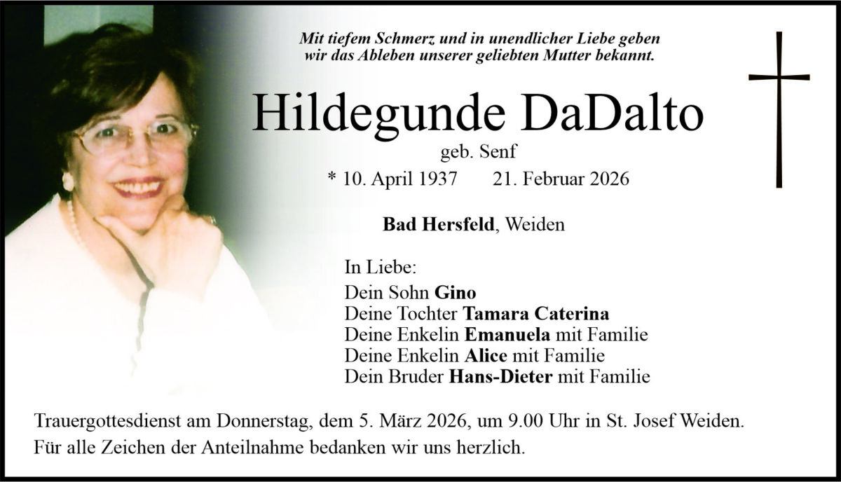 Traueranzeige Hildegunde DaDalto, Bad Hersfeld, Weiden