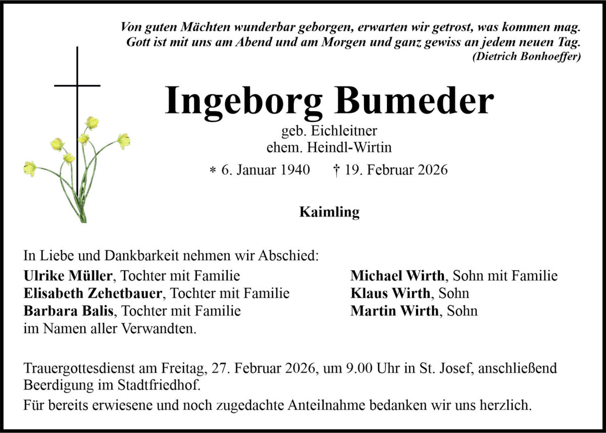 Traueranzeige Ingeborg Bumeder, Kaimling