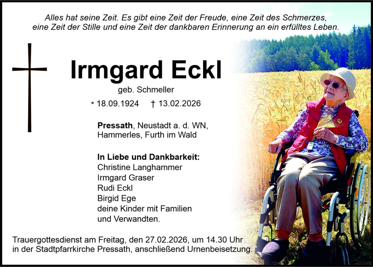 Traueranzeige Irmgard Eckl, Pressath