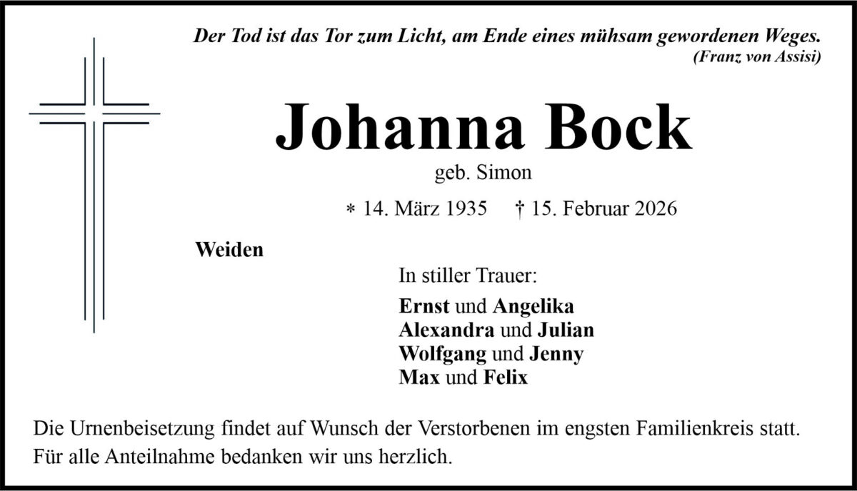 Traueranzeige Johanna Bock, Weiden