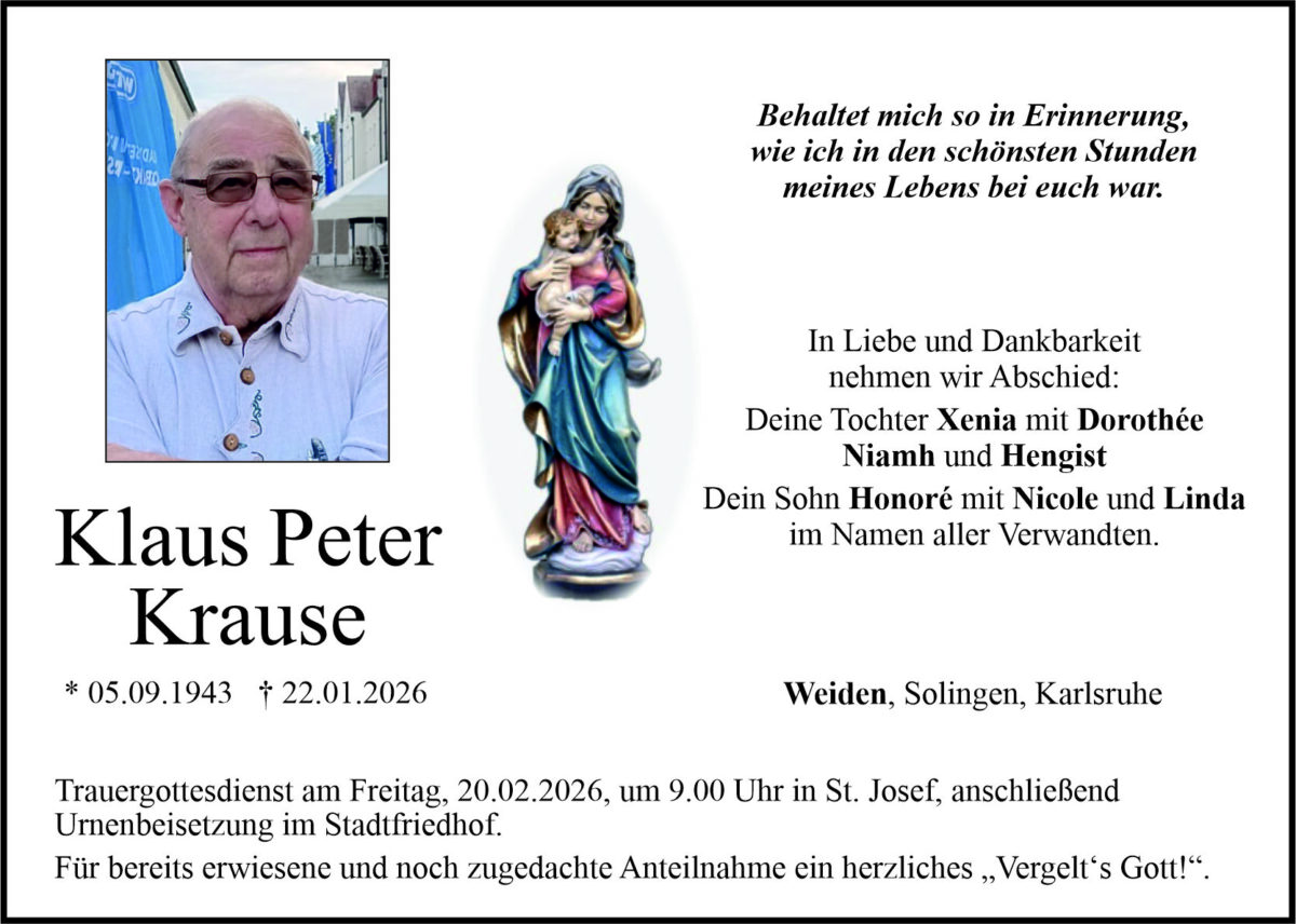 Traueranzeige Klaus Peter Krause, Weiden