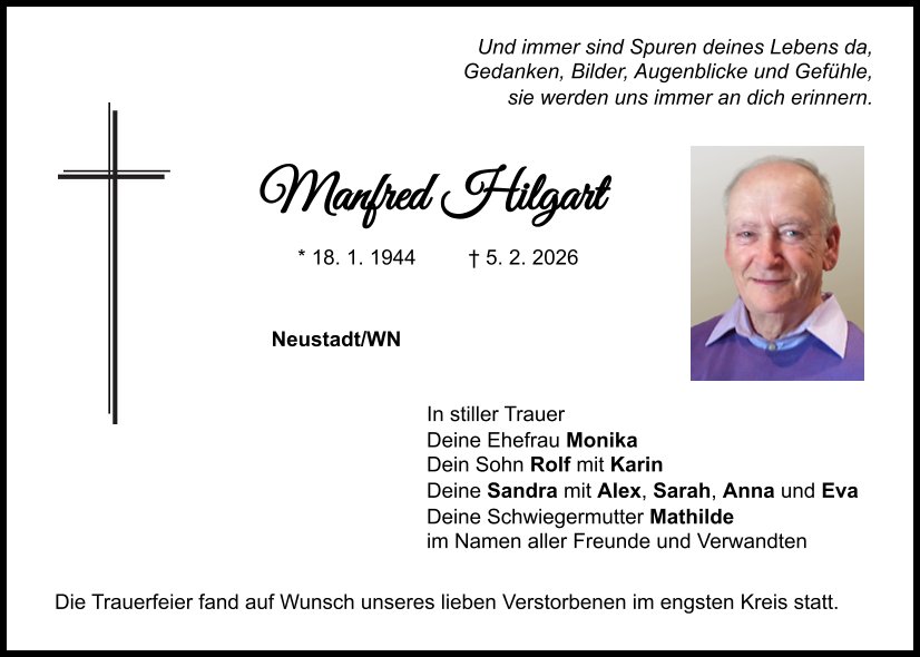 Traueranzeige Manfred Hilgart, Neustadt/WN