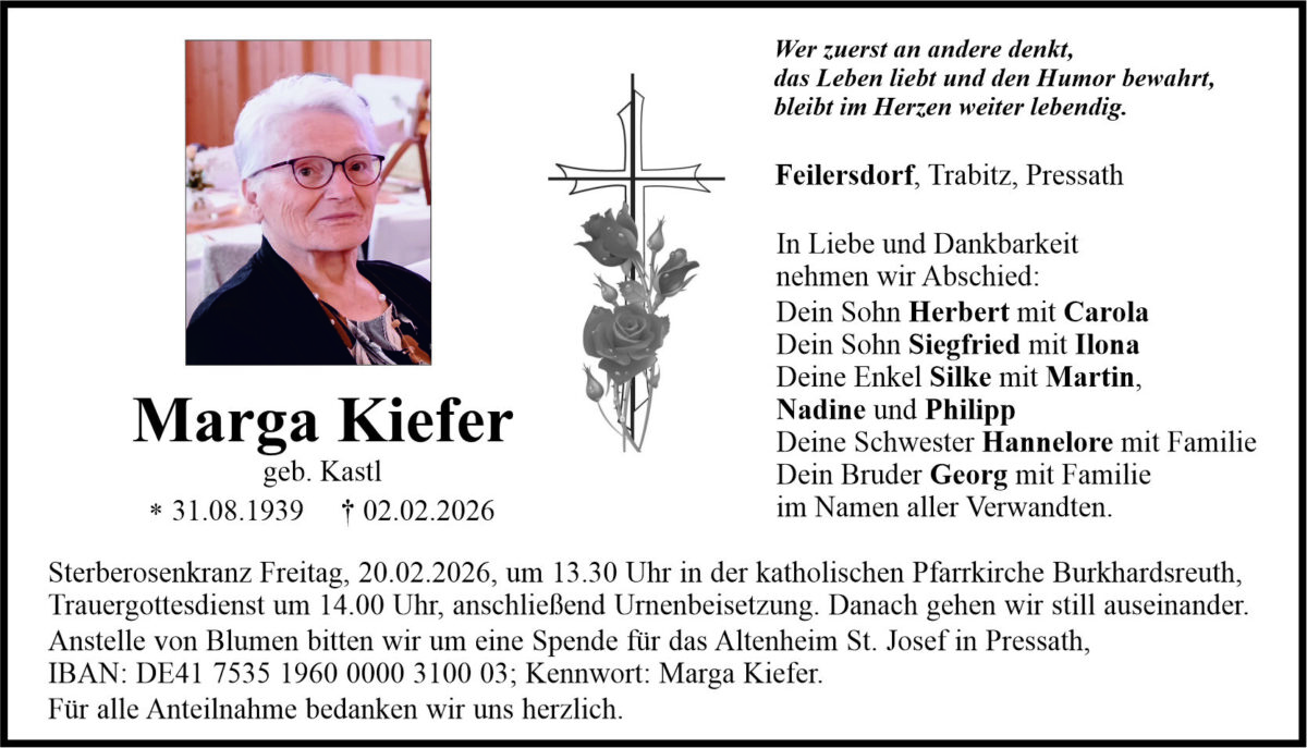 Traueranzeige Marga Kiefer, Feilersdorf