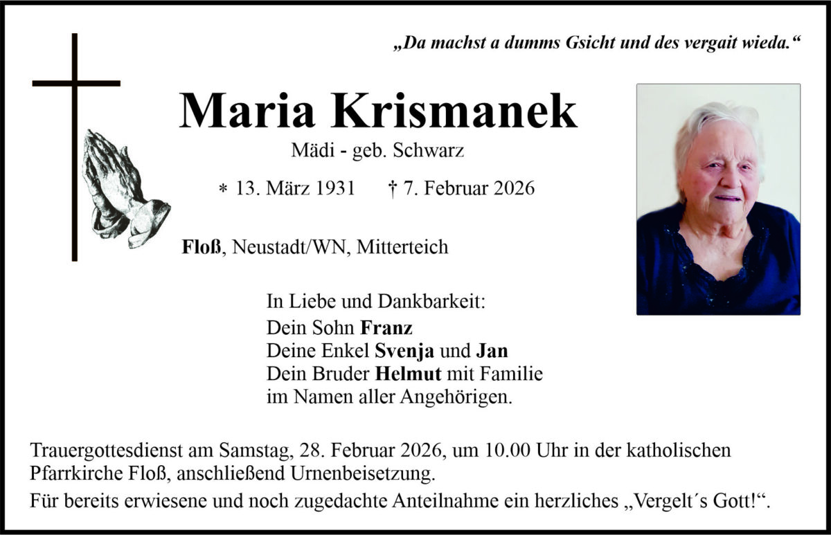 Traueranzeige Maria Krismanek, Floß