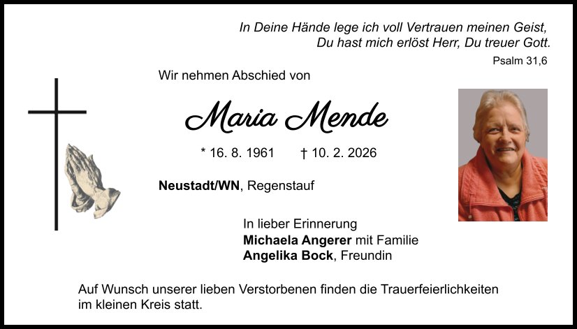 Traueranzeige Maria Mende, Neustadt/WN