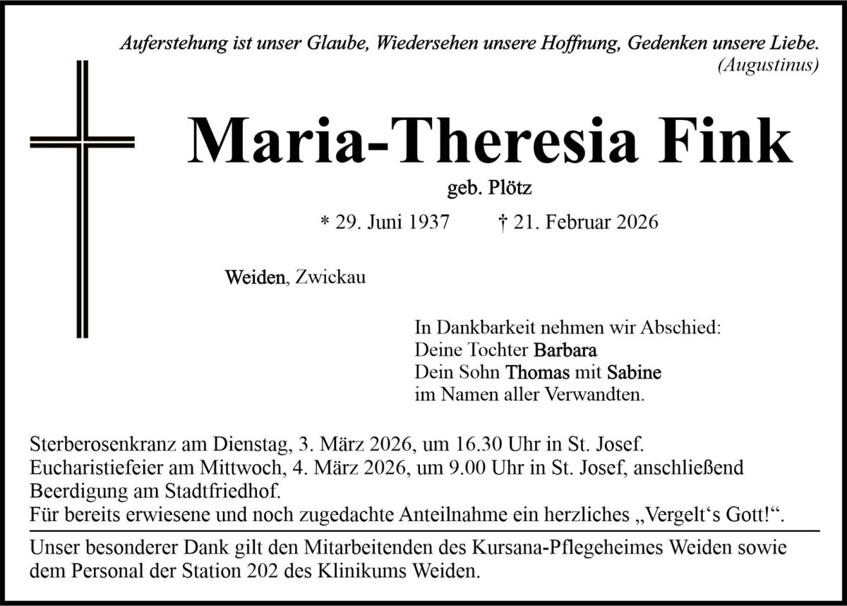 Traueranzeige Maria-Theresia Fink, Weiden