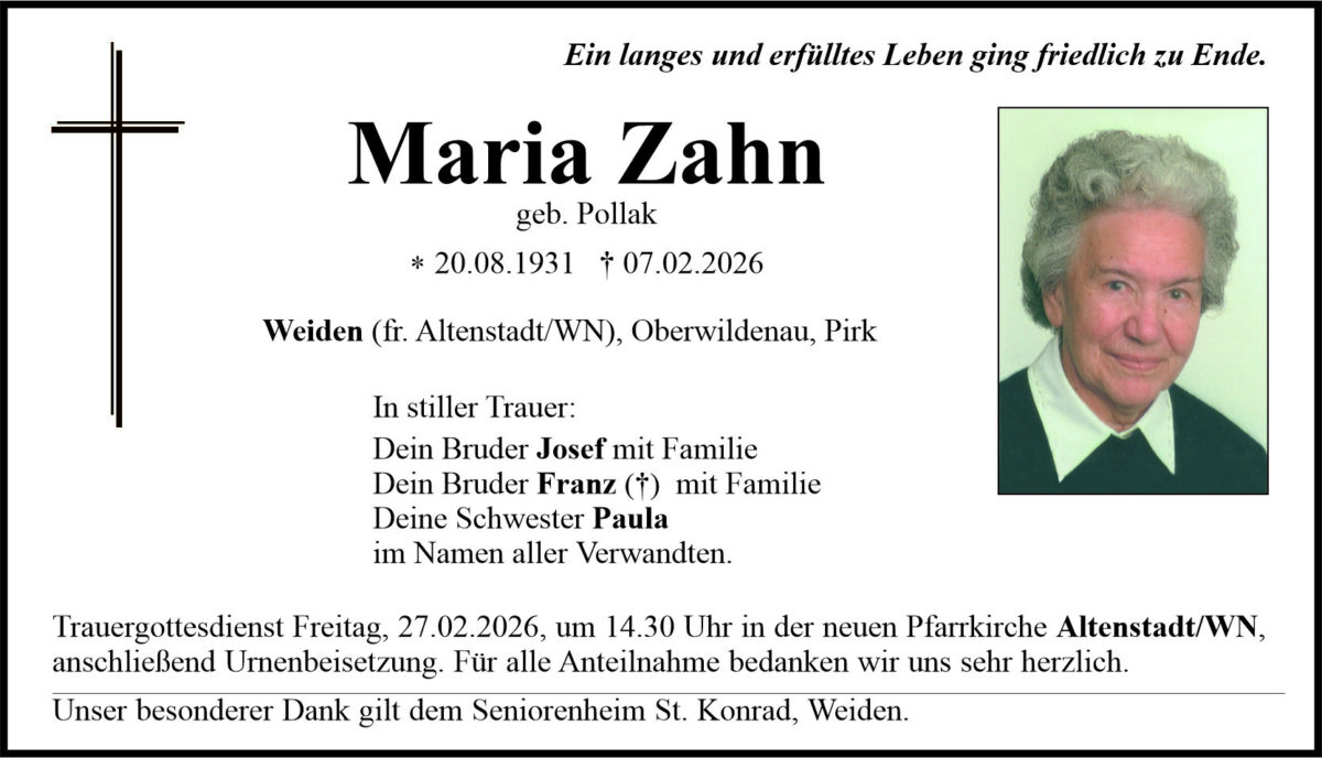 Traueranzeige Maria Zahn, Weiden