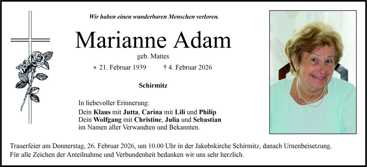 Traueranzeige Marianne Adam, Schirmitz