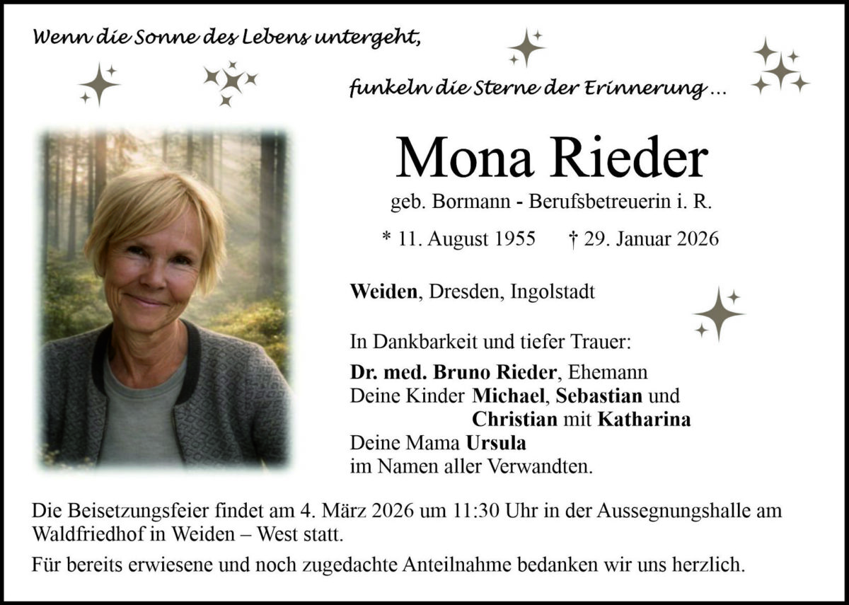 Traueranzeige Mona Rieder, Weiden
