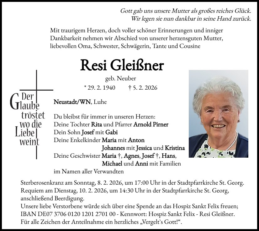 Traueranzeige Resi Gleißner, Neustadt/WN