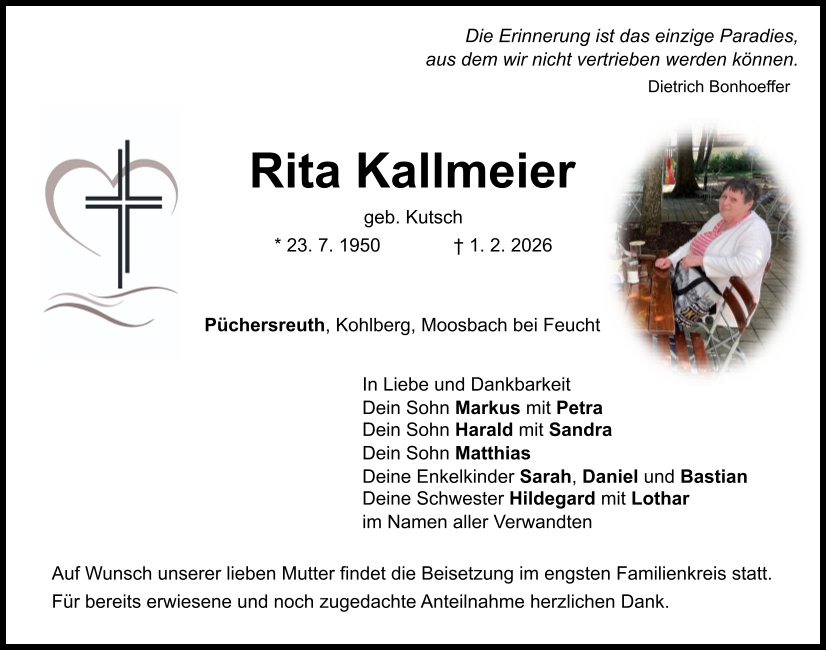 Traueranzeige Rita Kallmeier, Püchersreuth