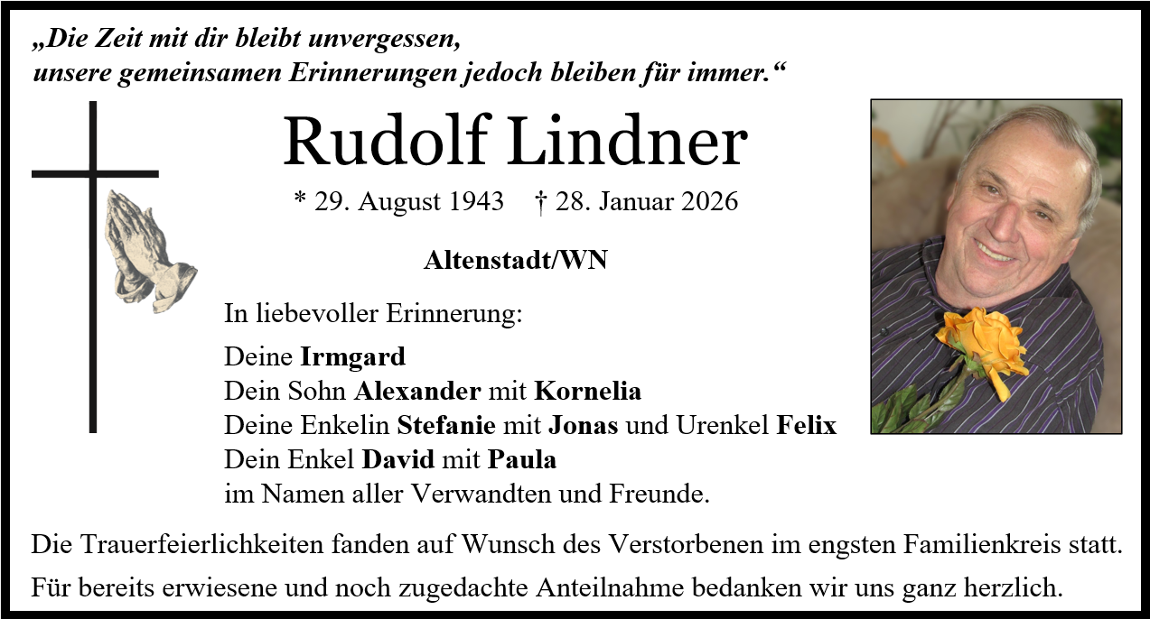 Traueranzeige Rudolf Lindner, Altenstadt/WN