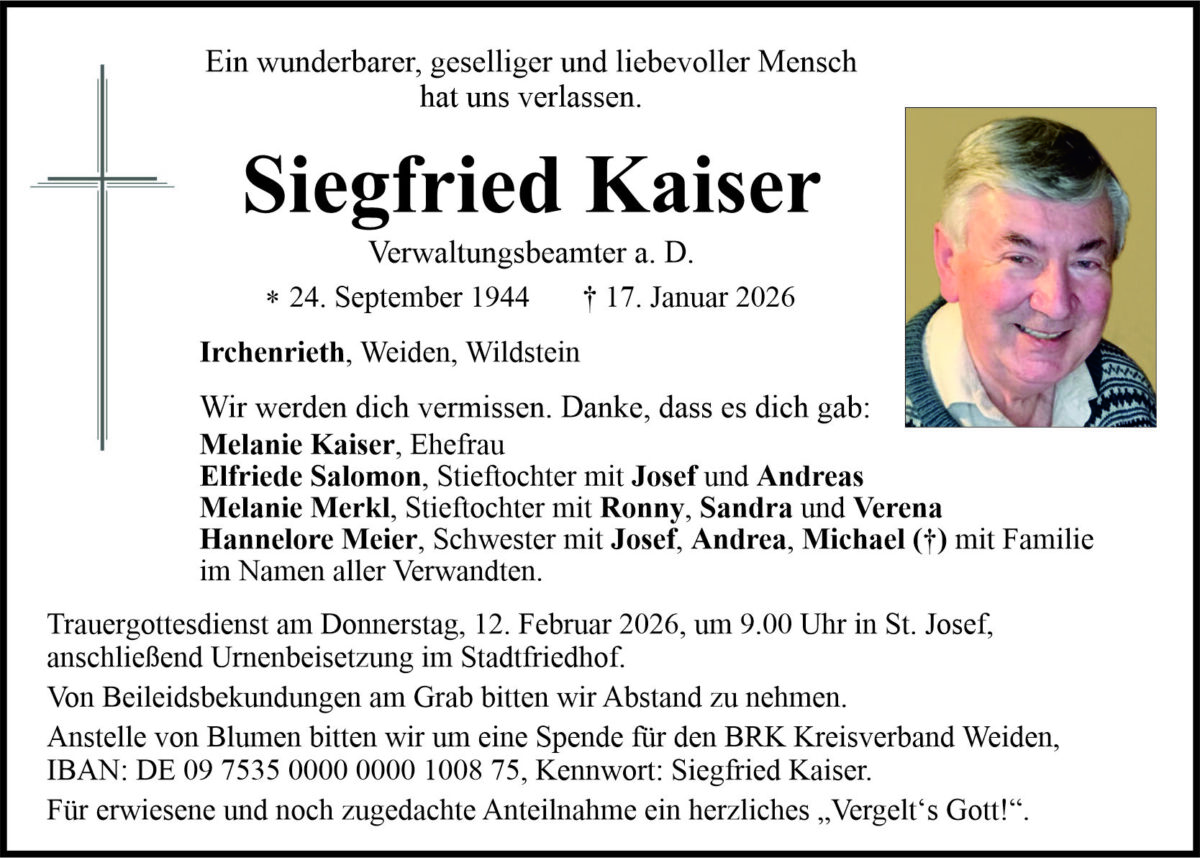 Traueranzeige Siegfried Kaiser, Irchenrieth