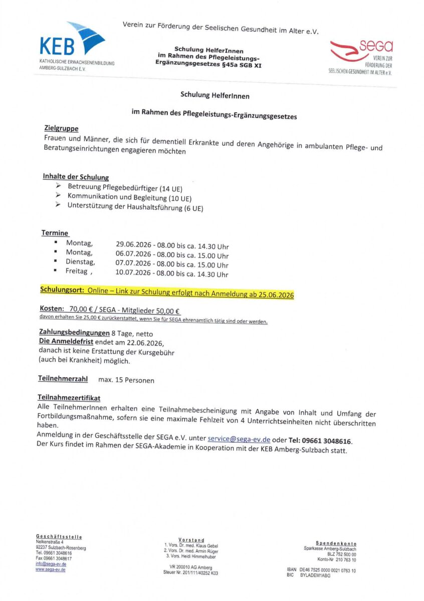 Helferkreisschulung im Rahmen des Pflegeleistungs-Ergänzungsgesetzes § 45a SGB XI