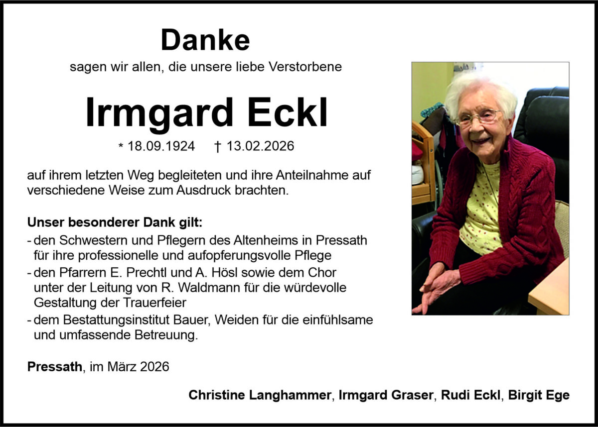 Danksagung Irmgard Eckl, Pressath