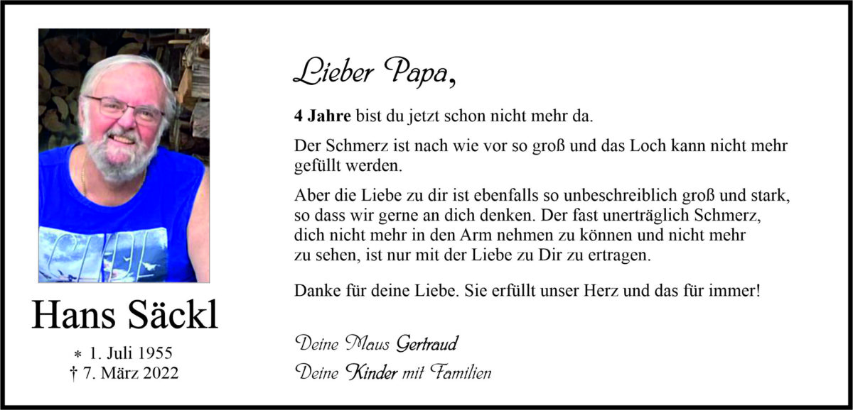 Gedenkanzeige Hans Säckl, Weiherhammer